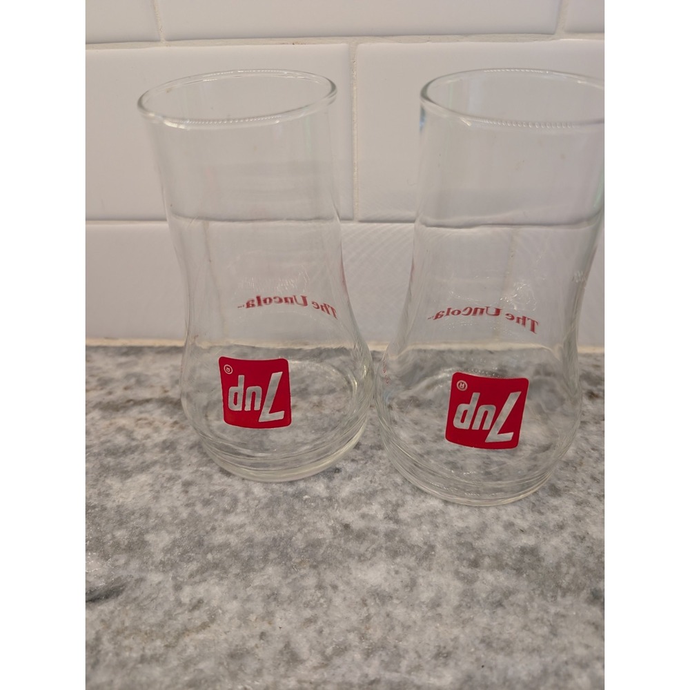 Vintage 7Up The Uncola Upside Down Glass Seven-Up Co Drinking Glasses Set Of 2‎